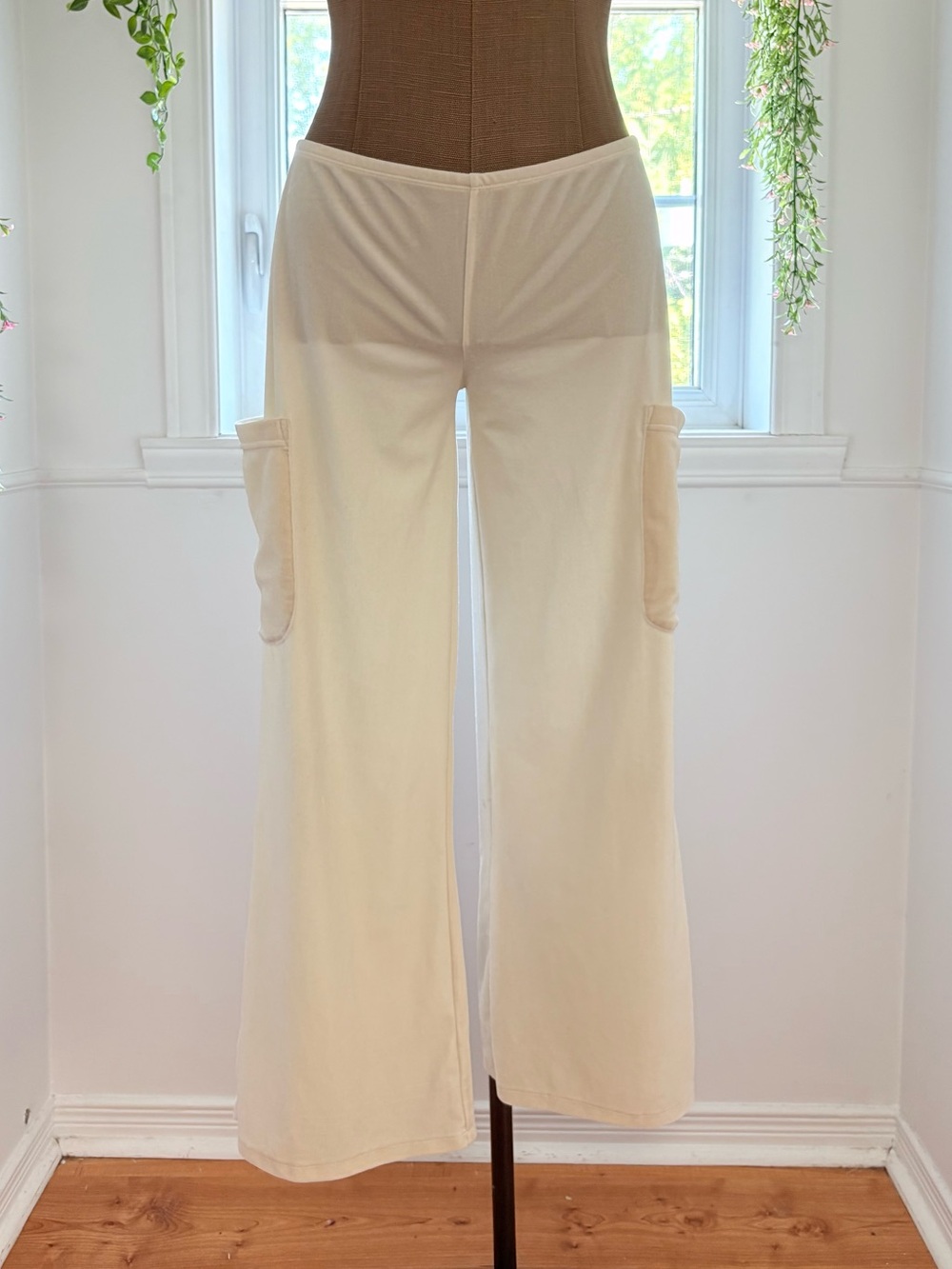Cream Wide-Leg Velvet Cargo Pants